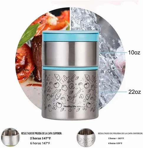 Vista 3 de Lille Home Caja de almuerzo/merienda térmica apilable de acero inoxidable aislada al vacío, contenedor Bento/de comida de 2 niveles con bolsa
