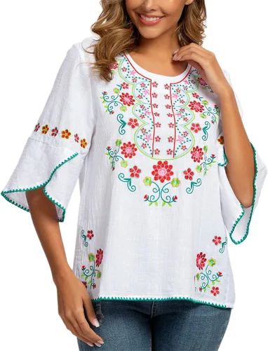 Vista 5 de Camisas mexicanas campesinas, blusas para mujer, blusas bordadas de algodón, para fiesta, verano, bohemias, mangas 34