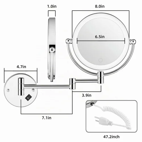 Vista 3 de Espejo de maquillaje iluminado de pared de 8 pulgadas, espejo de tocador con aumento 1X/5X de doble cara con 3 luces LED de color, control táctil