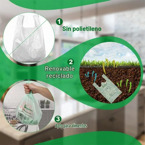 Vista 3 de (Grande) Bolsas de compras compostables certificadas por OrangeBio para el hogar, 200 unidades, 12 x 6 x 20 pulgadas (extragruesas), capacidad