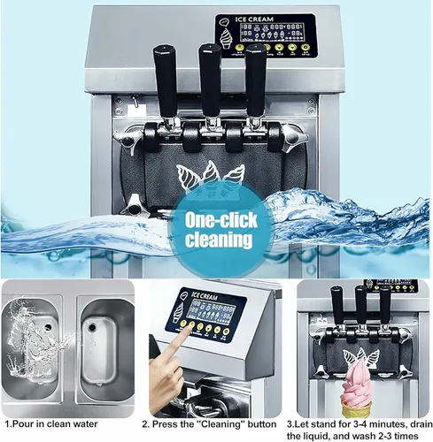 Vista 5 de Máquina de helado suave comercial, máquina eléctrica de helado de 1250 W, máquina de helados de 3 sabores, panel LCD de limpieza automática