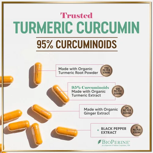 Vista 6 de Suplemento de curcumina de cúrcuma con 95% de curcuminoides, cúrcuma orgánica y jengibre de 1750 mg, pimienta negra BioPerine para una mejor