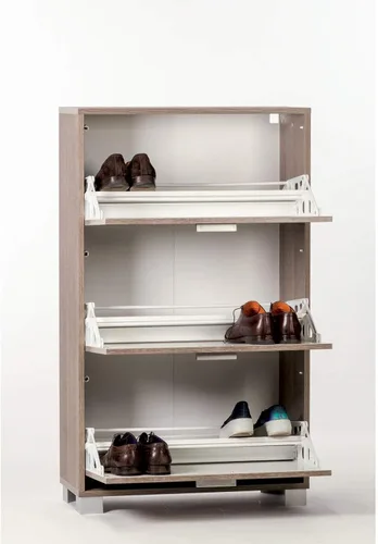 Vista 4 de Sarmog A763-Clear Elm Shoe Rack Collection Zapatero con 3 puertas plegables de doble profundidad, olmo transparente
