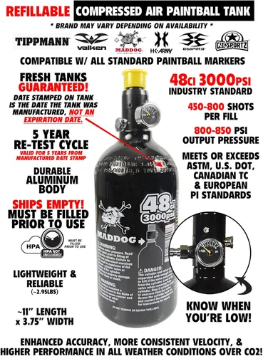 Vista 4 de Maddog Tippmann Cronus Basic Paintball Gun Marker and Accessory Starter Packages [HPA] Marker, 48ci/3000psi Compressed Air Tank, Mask, Hopper