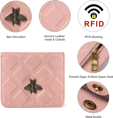 Vista 3 de Billetera para mujer, con bloqueo RFID, pequeña, compacta, plegable, de piel auténtica, con bolsillo, mini carteras para mujeres
