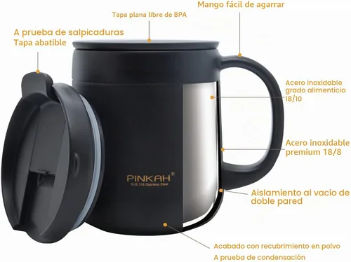 Vista 3 de Taza de café aislada de acero inoxidable de 11 oz / 330 ml con asa, vaso de doble pared con 2 tapas, color negro