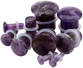 Vista 3 de Pierced Owl - Amethyst Natural Stone Single Flare Plugs with Clear O Ring, Sold as a Pair