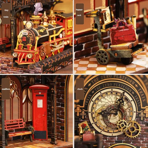 Vista 3 de Kit de rincón de libro, rompecabezas de madera 3D, kit de rincón de libros con tren de vapor, kit de habitación en miniatura para bricolaje, soporte