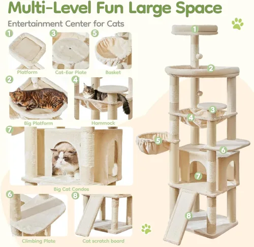 Vista 2 de Taoqimiao Árbol para gatos de 72 pulgadas para gatos grandes, torre alta de varios niveles, condominio ampliado para gatos con tabla de rascar