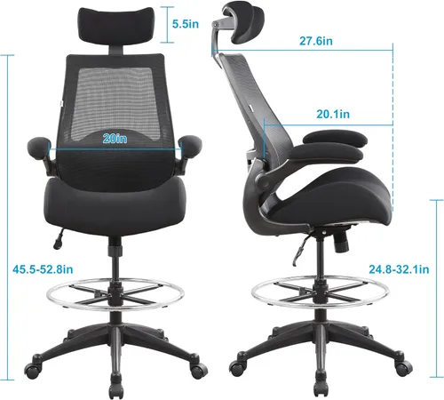 Vista 3 de BOLISS Silla de oficina alta de dibujo, 400 libras, respaldo alto, silla de escritorio ancha cómoda con reposabrazos abatibles, soporte lumbar, Negro