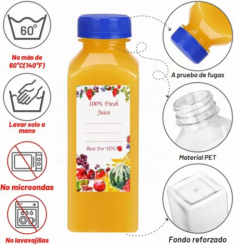 Vista 3 de SUPERLELE - 10 botellas de plástico para jugo de 12 onzas con tapas azules y negras