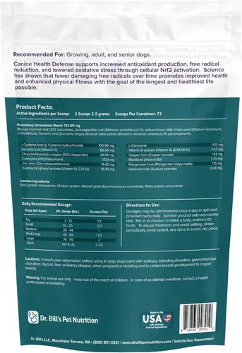 Vista 5 de Dr. Bill's Canine Health Defense Suplemento antioxidante para perros con cúrcuma, zinc, ashwagandha, cardo mariano, coenzima Q10 (CoQ10) y Bacopa
