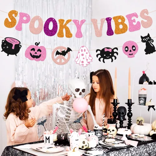 Vista 6 de Pancarta de Halloween espeluznante decoración espeluznante hippie guirnalda de Halloween groovy retro fantasma murciélagos araña, gatos, calavera