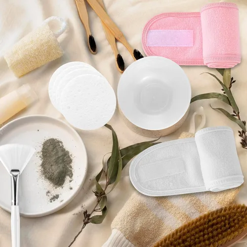 Vista 6 de DOSTATNI Estetician Supplies for Facials Set 15 piezas Estético Esponjas 4 Cepillos Faciales Diademas Tazones, Suministros Rosa, Blanco