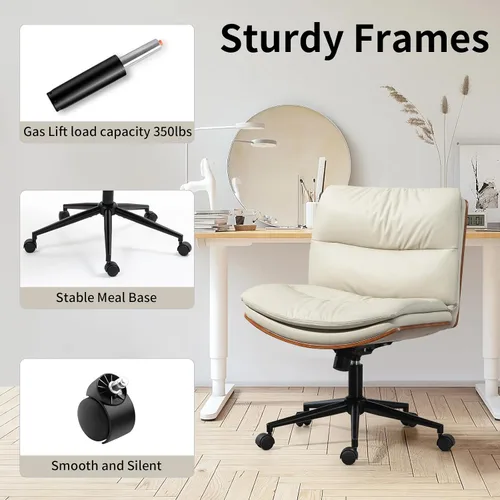 Vista 5 de Silla de oficina moderna sin brazos de nogal con ruedas, silla ejecutiva de cuero PU ajustable de giro amplio, silla de computadora ergonómica