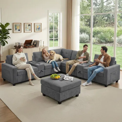 Vista 43 de Sofá modular de 103 pulgadas con 2 consolas acrílicas, juego de sofá en forma de U de gran tamaño con cargador USB, cajones de almacenamiento, Beige