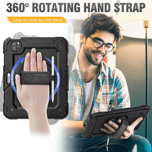 Vista 4 de HXCASEAC Funda para iPad Pro de 11 pulgadas (2022/2021/2020/2018) a prueba de golpes con soporte para lápiz, protector de pantalla, correa de mano
