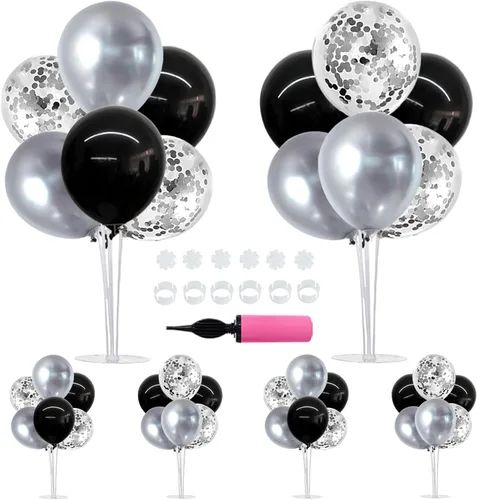 Vista 34 de TONIFUL Juego de 4 centros de mesa de globos con soporte para globos de color negro, azul y plateado