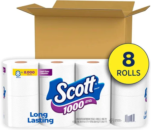 Vista 2 de Scott 1000 hojas por rollo, 8 rollos de papel higiénico, papel de baño