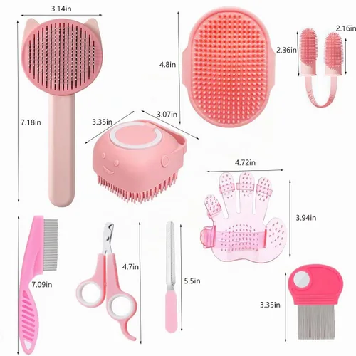 Vista 2 de Kit de 9 piezas de limpieza para mascotas, cepillo de limpieza que elimina el cabello suelto, cepillo de baño para mascotas, cepillo de champú