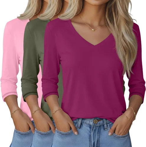 Vista 42 de Ficerd Paquete de 3 camisetas de manga 3/4 para mujer, cuello en V, blusas holgadas, blusas casuales, ropa de moda 2026