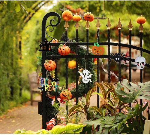 Vista 6 de Hidreas 60 piezas de adornos de madera sin terminar de Halloween, kit de manualidades de Halloween, recortes de madera con 60 cuerdas de cordel