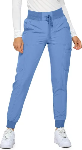 Vista 9 de Pantalones quirúrgicos para mujer de Monarch Uniforms, pantalones quirúrgicos jogger de canalé para mujer Negro