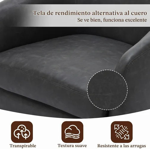 Vista 6 de Silla Giratoria de Acento de Cuero Sintético con Base de Madera, Sillas de Barril Tapizadas Modernas para Sala de Estar, Cómodo Sillón Redondo Sofá