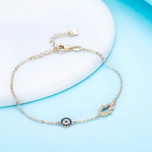 Vista 3 de Hamsa Hand of Fatima Evil Eye Bracelet Sterling Silver 925 Blue Cubic Zirconia Chain Adjustable 6.5"+1.5