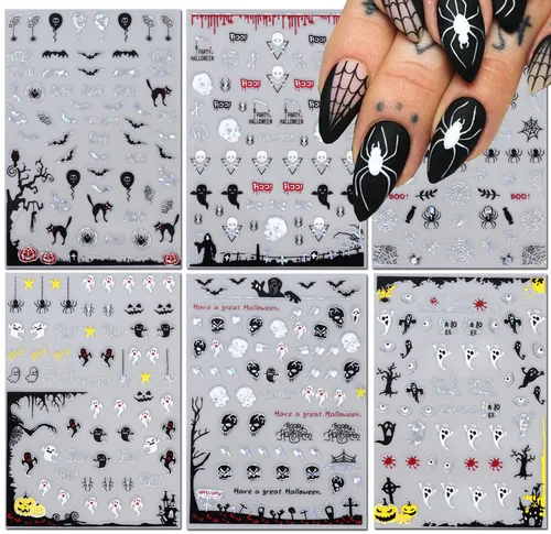 Vista 6 de 6 hojas de calcomanías de arte de uñas de Halloween – Calcomanías de uñas de Halloween autoadhesivas 3D de dibujos animados fantasma, esqueleto