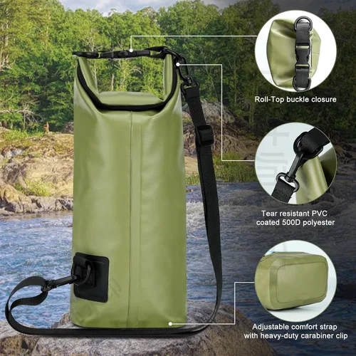 Vista 5 de Bolsa seca impermeable de 2 litros, funda enrollable para teléfono de playa, bolsa seca ligera para natación, kayak, campamento, pesca, viajes, Verde