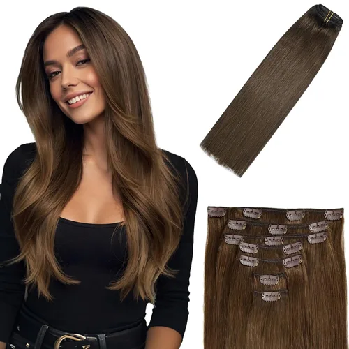 Vista 14 de Extensiones de cabello humano real con broches, 4.23 oz, 7 unidades, extensiones de cabello humano real con clip, de 14 pulgadas, rubio ceniza a