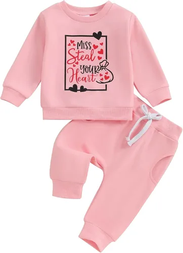 Vista 11 de Prendas de Ropa para Niña Otoño Invierno Conjunto de Dos Piezas Sudaderas de Manga Larga con Letras+Pantalón 2 Piezas Ropa para Niña Be Mine-rosa