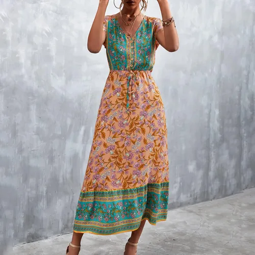 Vista 5 de Vestido largo casual de playa para mujer con cuello en V manga corta estilo floral