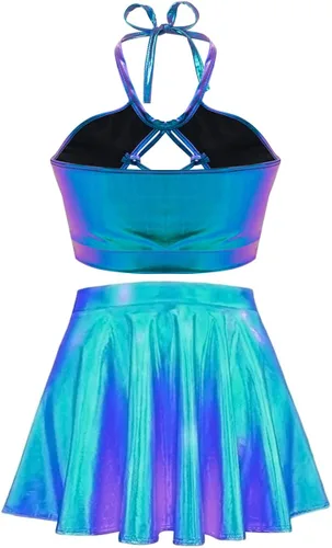 Vista 2 de SFBBCLOZ Conjunto de 2 piezas para mujer con aspecto mojado parte superior corta metálica brillante minifalda para fiesta club festival rave