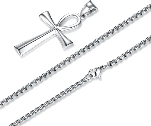 Vista 17 de Reve Collar con colgante religioso de cruz de Ankh copta de acero inoxidable para hombres y mujeres, cadena de 20 a 24 pulgadas