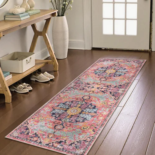 Vista 74 de Lahome Alfombra Floral Bohemio Medaillon - 2x3 Pequeña Alfombra de Baño Rosa Caliente, Alfombra de Cocina, Lavable a Máquina, Antideslizante, Suave