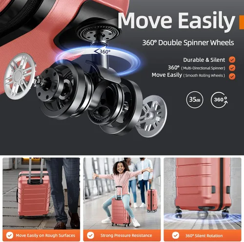 Vista 3 de SHOWKOO Sets de equipaje, maleta ampliable con doble ruedas, bloqueo TSA, 3pcs, Rose gold