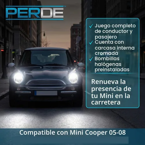 Vista 4 de Set de luces delanteras PERDE con carcasa cromada y lentes de alto rendimiento Compatible con Mini Cooper – sin juntas