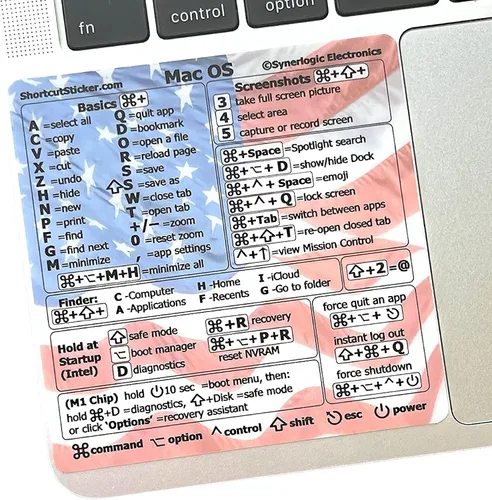 Vista 16 de Synerlogic Pegatina de accesos directos de Mac OS Calcomanías de teclado para macOS Hoja de trucos de vinilo laminado para MacBook para Negro