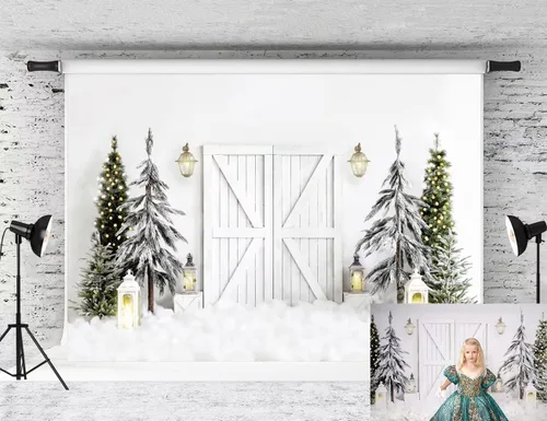 Vista 8 de Kate Telón de fondo de fotos de casa de campo de Navidad, fondo de puerta rosa, nieve blanca, árboles de Navidad, fondo de fotos, accesorios de 5