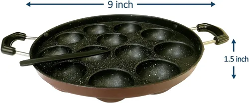 Vista 2 de Sartén antiadherente Appam – 12 hoyos con tapa de acero inoxidable para Appam, Paniyaram, Aebleskiver y Paddu Mango resistente al calor Appe Maker