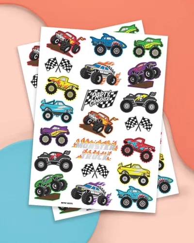 Vista 2 de xo, Fetti Monster Truck Party Supplies - Tatuajes temporales - 42 estilos metálicos Camiones, coches grandes, líneas de acabado + llamas