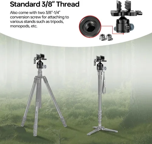 Vista 5 de Manbily Silla de disparo con cabezal esférico de perfil bajo de 44mm, cabeza de trípode CNC de aluminio resistente de 360°, abrazadera de apoyo