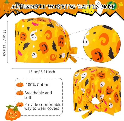 Vista 2 de Xtinmee Juego de 8 piezas de gorro de trabajo ajustable y máscara facial para enfermera, 4 sombreros bouffant con botón, 4 fantasmas, calabaza