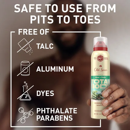 Vista 4 de Old Spice Desodorante en aerosol para todo el cuerpo para hombres, sin aluminio, aroma a aloe + lluvia, protección contra olores 24/7, frescura