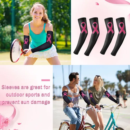 Vista 4 de Zhehao 18 pares de mangas de concientización sobre el cáncer de mama, mangas de compresión para brazos con cinta rosa, mangas de compresión
