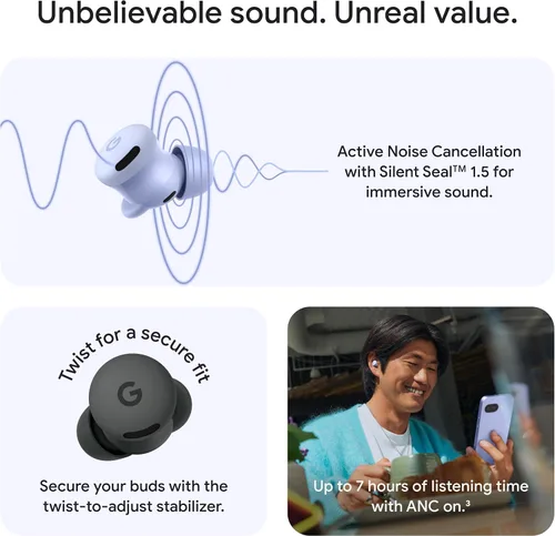 Vista 2 de Google Pixel Buds 2a - Auriculares inalámbricos Bluetooth con cancelación activa de ruido y modo de transparencia, ligeros, ajuste cómodo, batería