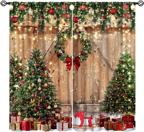 Vista 14 de Cortinas de Navidad de gnomo, bolas de árbol de Navidad, luces, regalos, decoración de tablones para sala de estar, dormitorio, bolsillo para barra