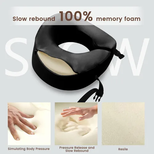 Vista 4 de THXSILK Almohada de cuello 100% seda de morera para viajes y avión, almohada de viaje de espuma viscoelástica para soporte de cuello en coche y Negro
